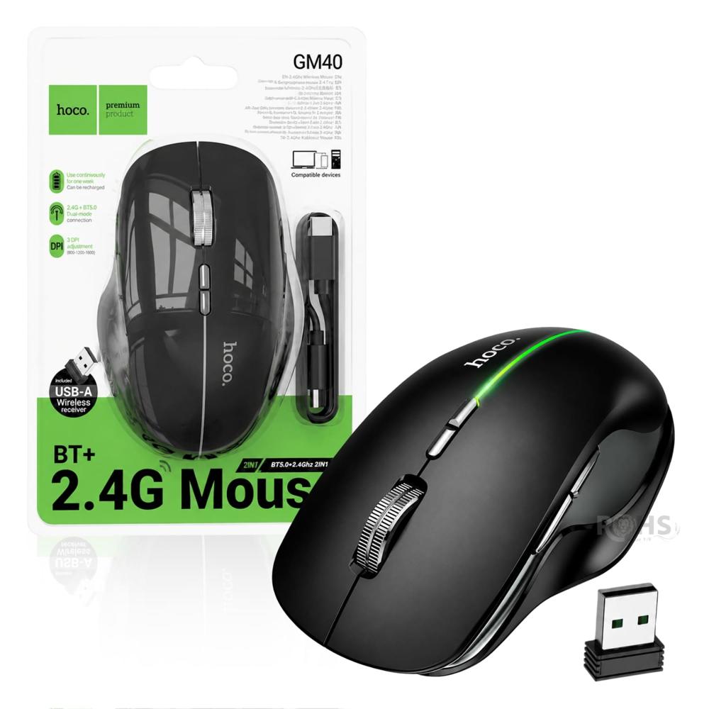 Mouse GM40 Inalámbrico Hoco GM40 Ergonómico Con USB Y Bluetooth