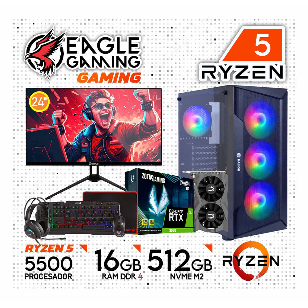 PC GAMER AMD RYZEN 5 5500 -RTX 3050 6GB -MONITOR 24 -120HZ -RAM 16GB DDR4