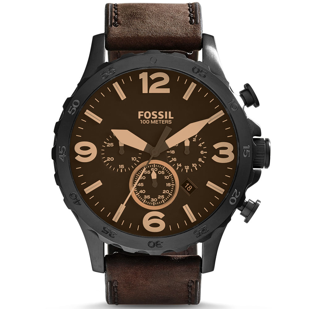 Reloj Fossil Nate JR1487 Fecha Cronómetro Acero Negro Correa de Cuero Marrón