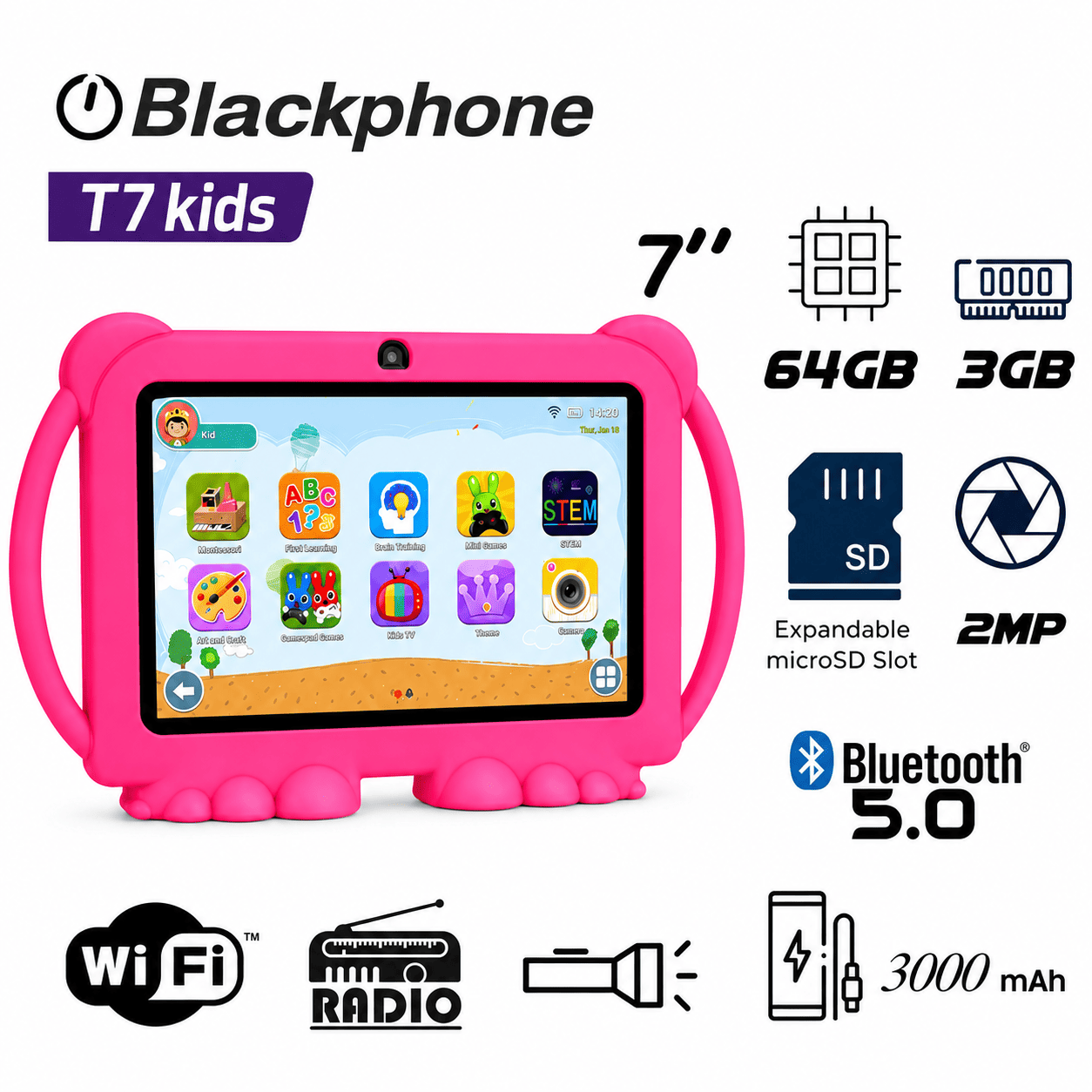 TABLET BLACKPHONE T7 KIDS 3 MAS 64 WIFI 7 PULGADAS BLACK COVER PINK
