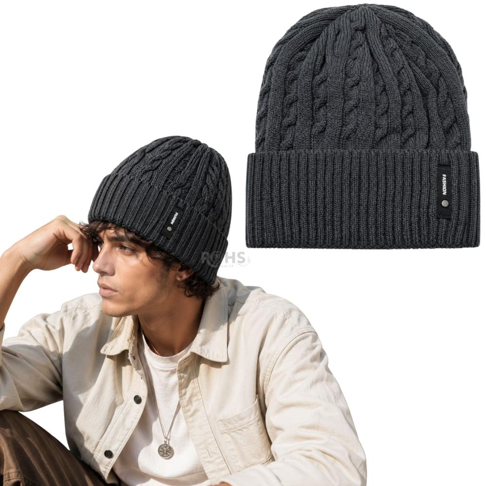 Gorro Tejido Poliéster Diseño Trenzado Para Invierno Color Gris Oscuro