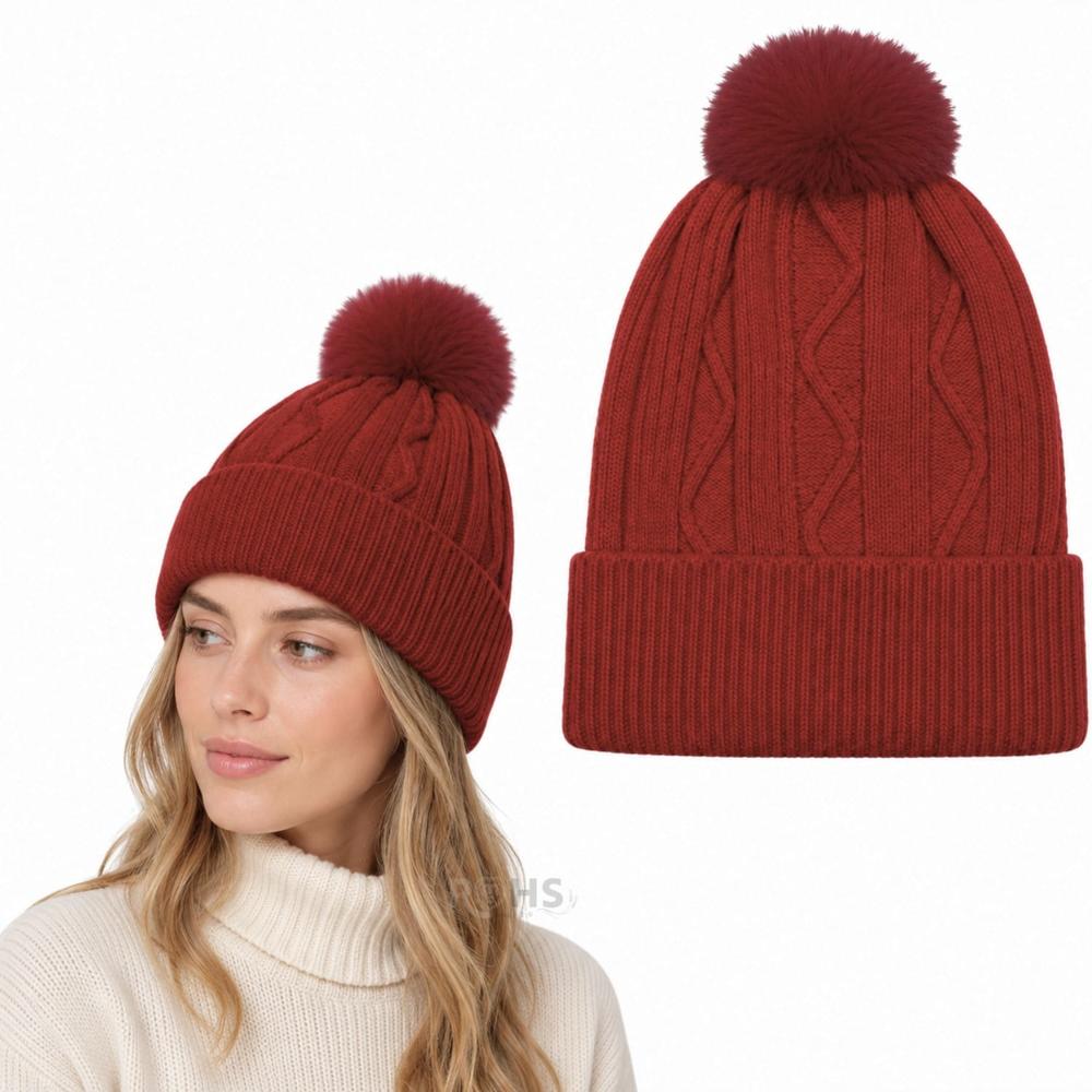 Gorro Tejido Con Pompón Diseño Texturizado Para Invierno Color Rojo