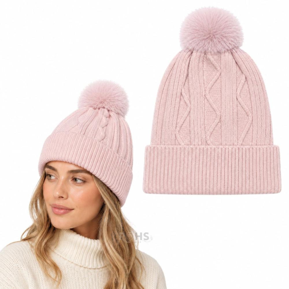 Gorro Tejido Con Pompón Diseño Texturizado Invierno Color Rosado