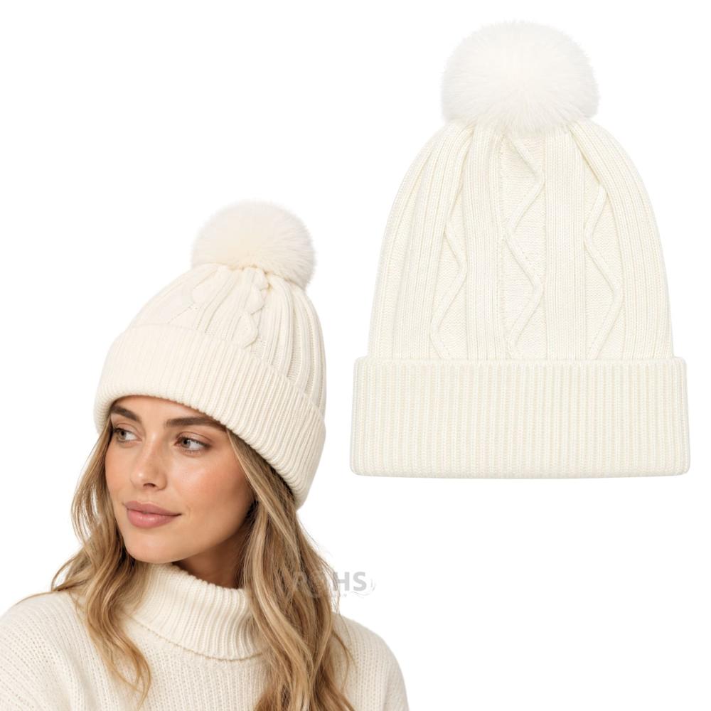 Gorro Tejido Con Pompón Diseño Texturizado Para Invierno Color Crema