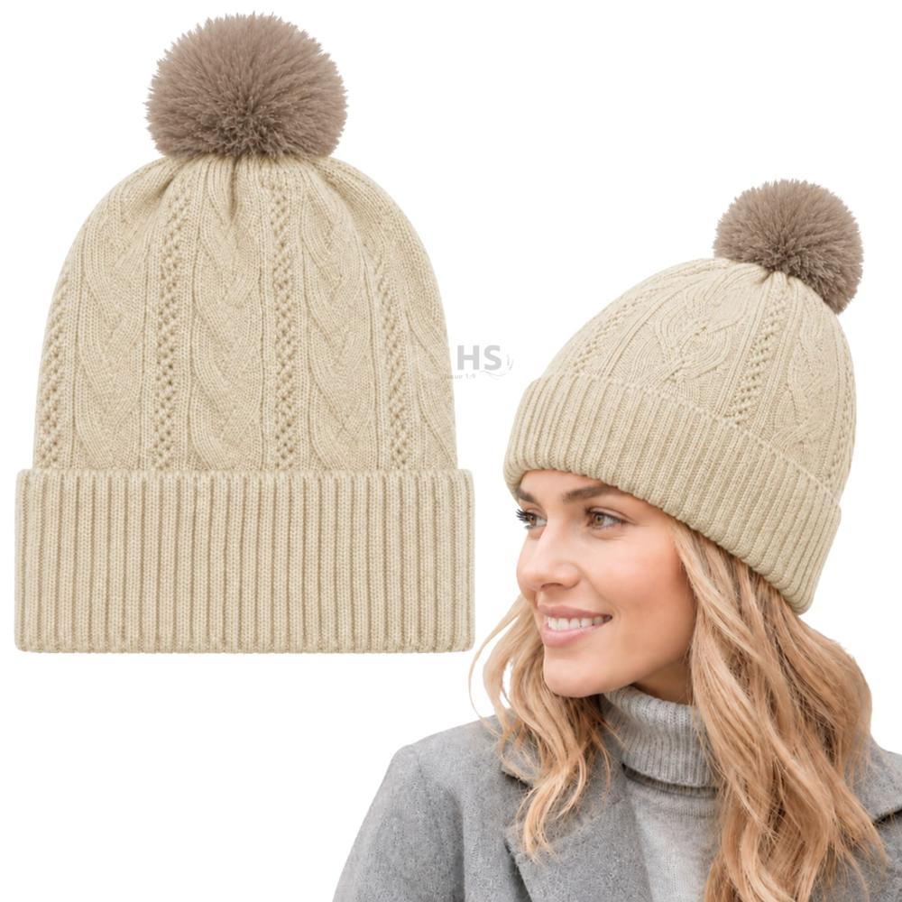 Gorro Invernal Poliéster Con Pompón Texturizado Color Beige