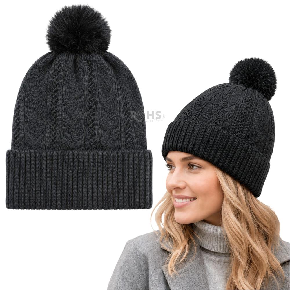 Gorro De Invierno Poliéster Con Pompón Texturizado Color Negro