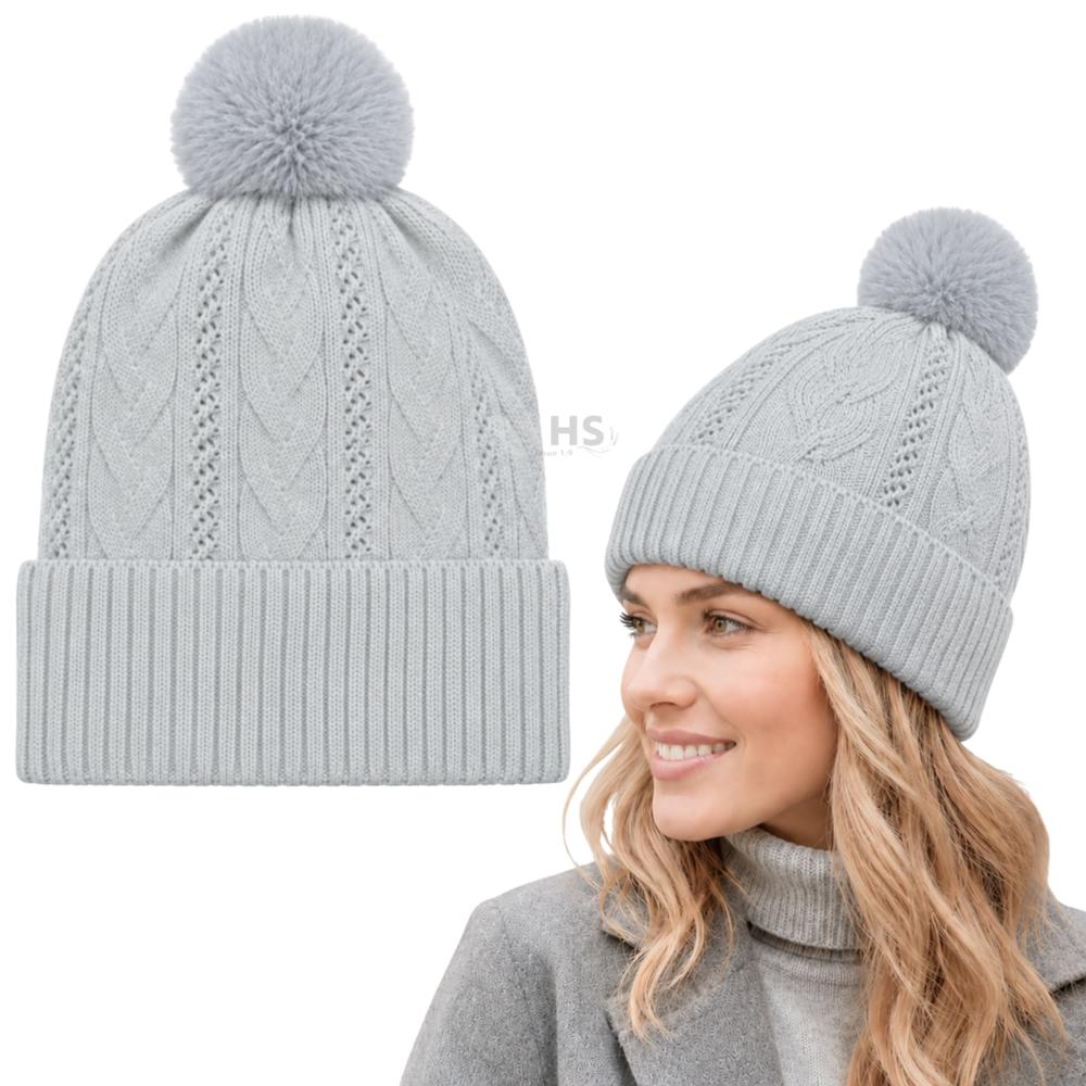 Gorro De Invierno Poliéster Con Pompón Texturizado Color Gris Claro