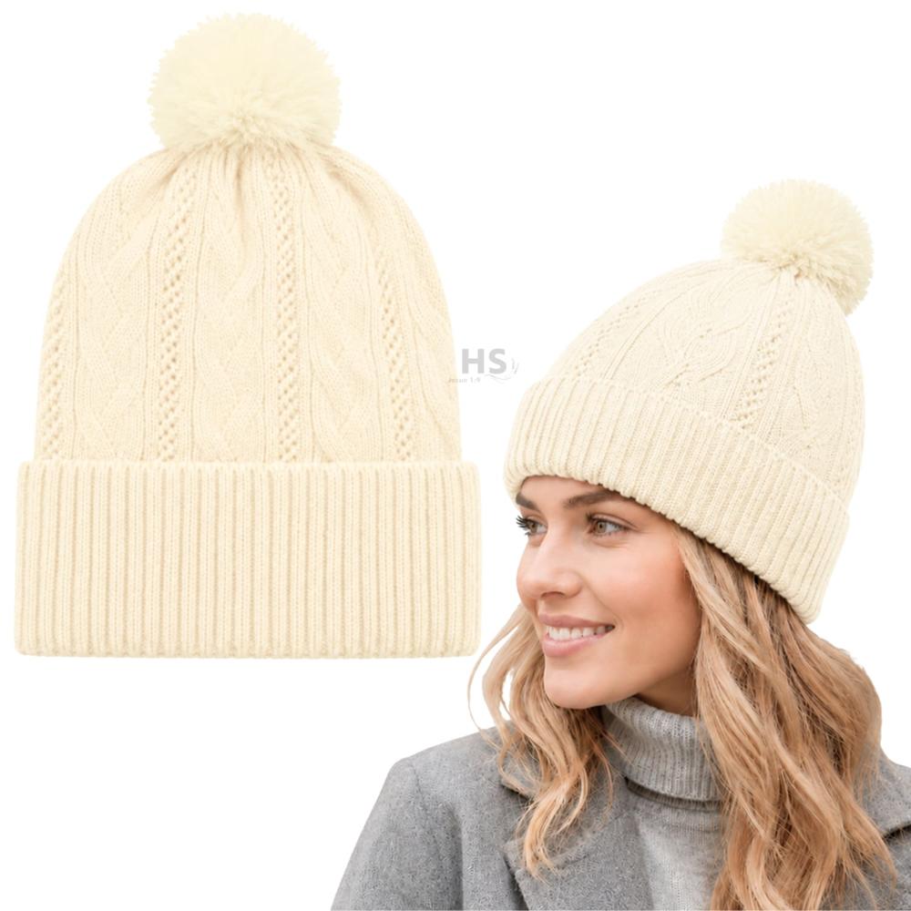 Gorro De Invierno Poliéster Con Pompón Texturizado Color Crema