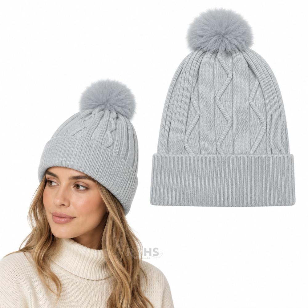 Gorro Tejido Con Pompón Diseño Texturizado Invierno Color Gris Claro