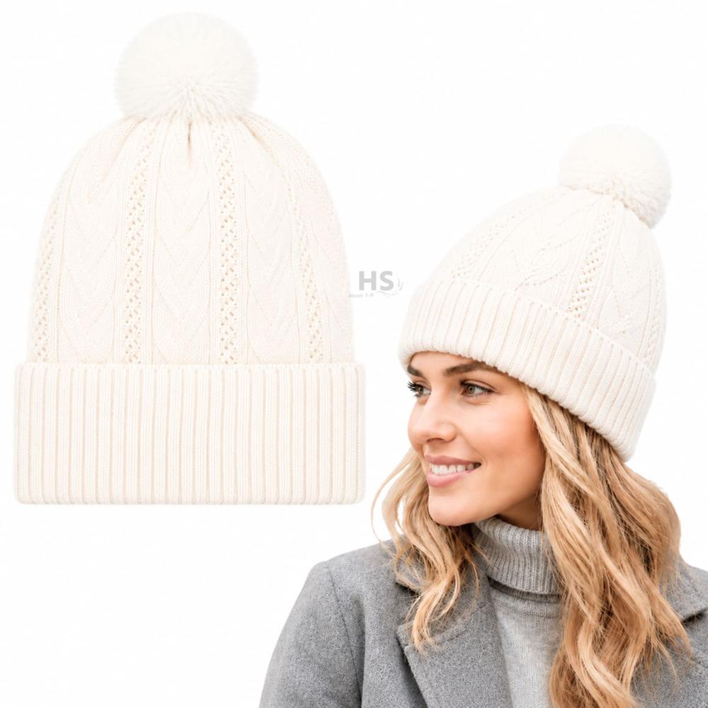 Gorro De Invierno Poliéster Con Pompón Texturizado Color Blanco Marfil