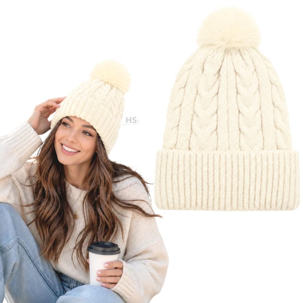 Gorro Con Pompón Tejido Poliéster Para Invierno Color Crema