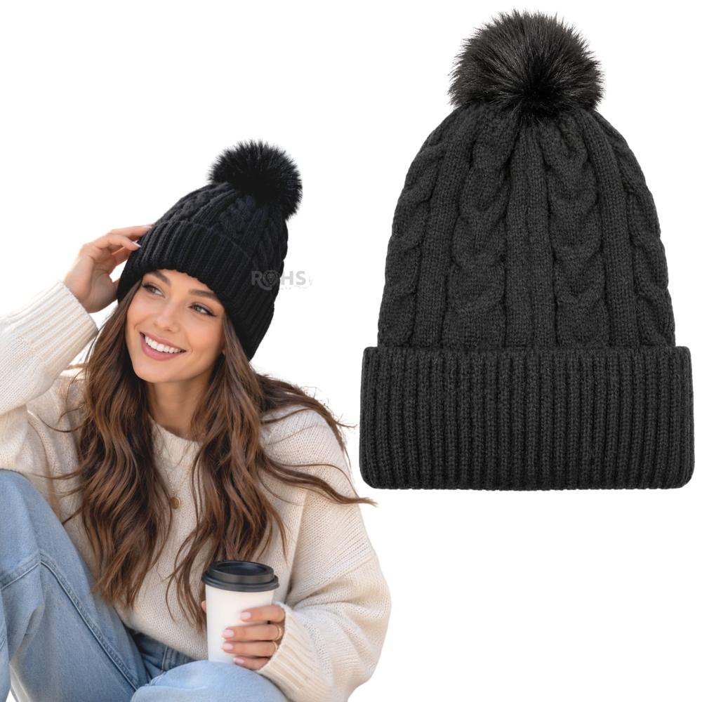 Gorro Con Pompón Tejido Poliéster Para Invierno Color Negro