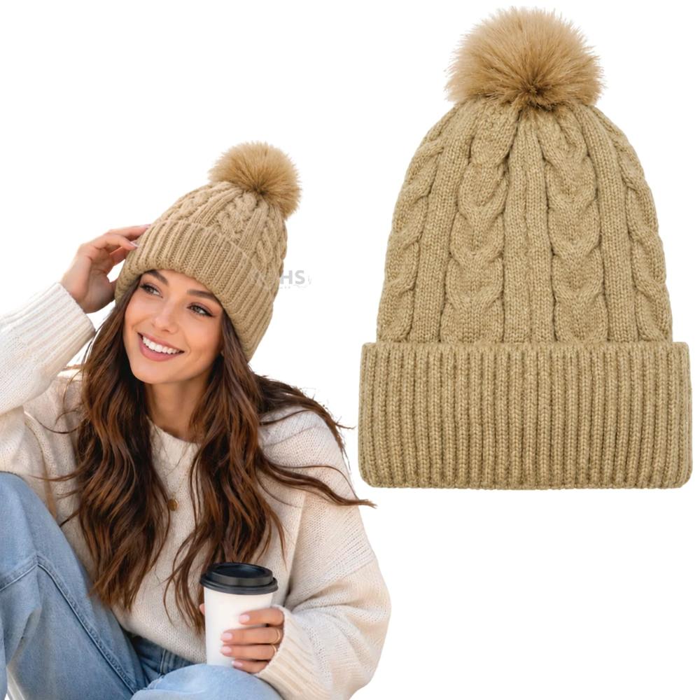 Gorro Con Pompón Tejido Poliéster Invierno Color Gris Claro