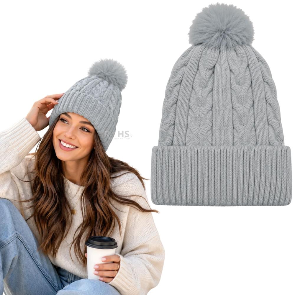 Gorro Con Pompón Tejido Poliéster Para Invierno Color Gris Claro