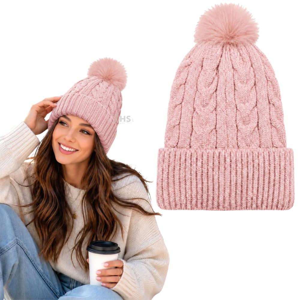 Gorro Con Pompón Tejido Poliéster Invierno Color Beige
