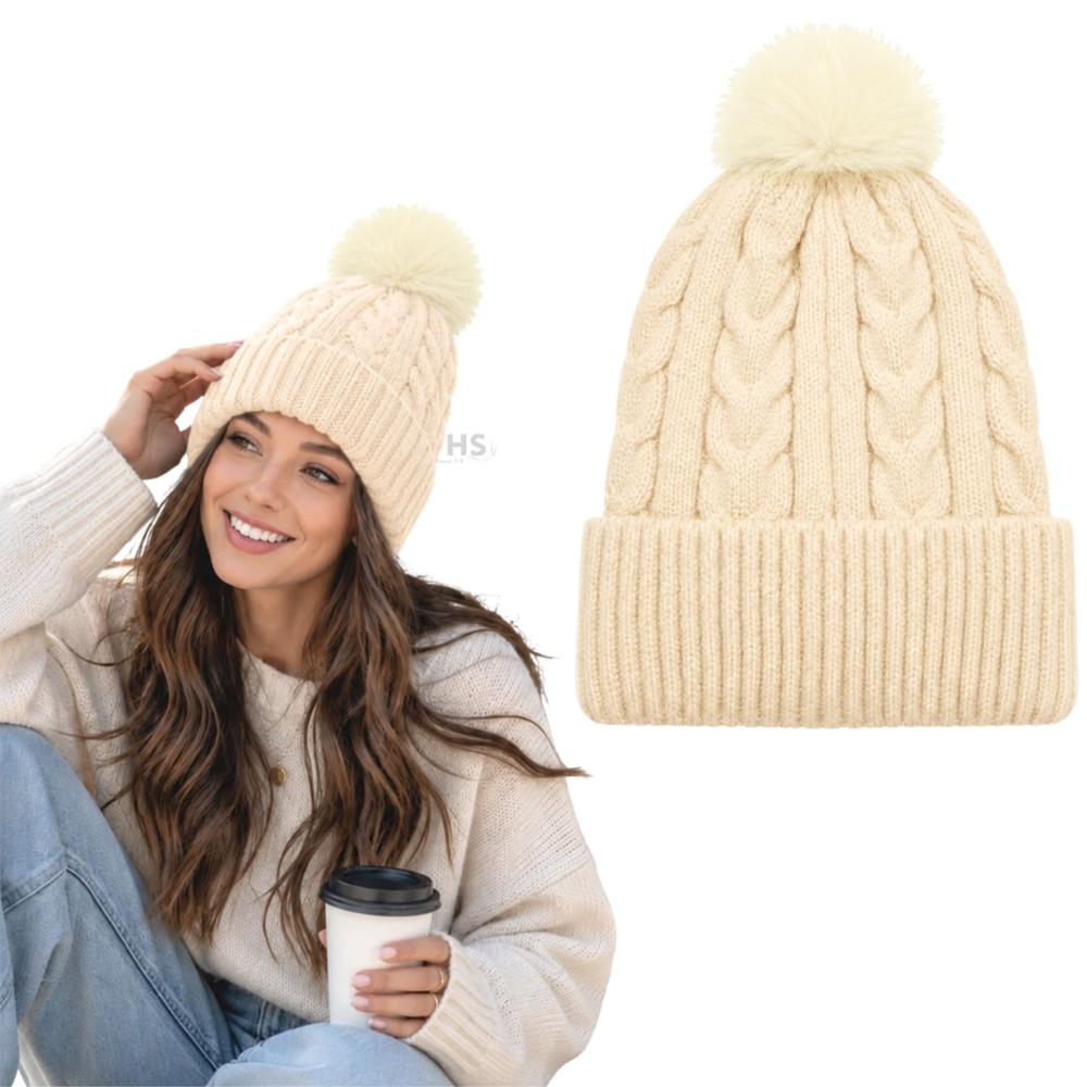 Gorro Con Pompón Tejido Poliéster Para Invierno Color Beige