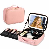 Neceser Organizador De Maquillaje con Espejo Luz Led Portátil Rosado