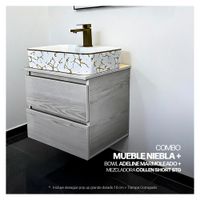 COMBO MUEBLE NIEBLA + BOWL ADELINE MARMOLEADO + MEZCLADORA COLLEN SHORT STG + DESAGUE PUSH DORADO
