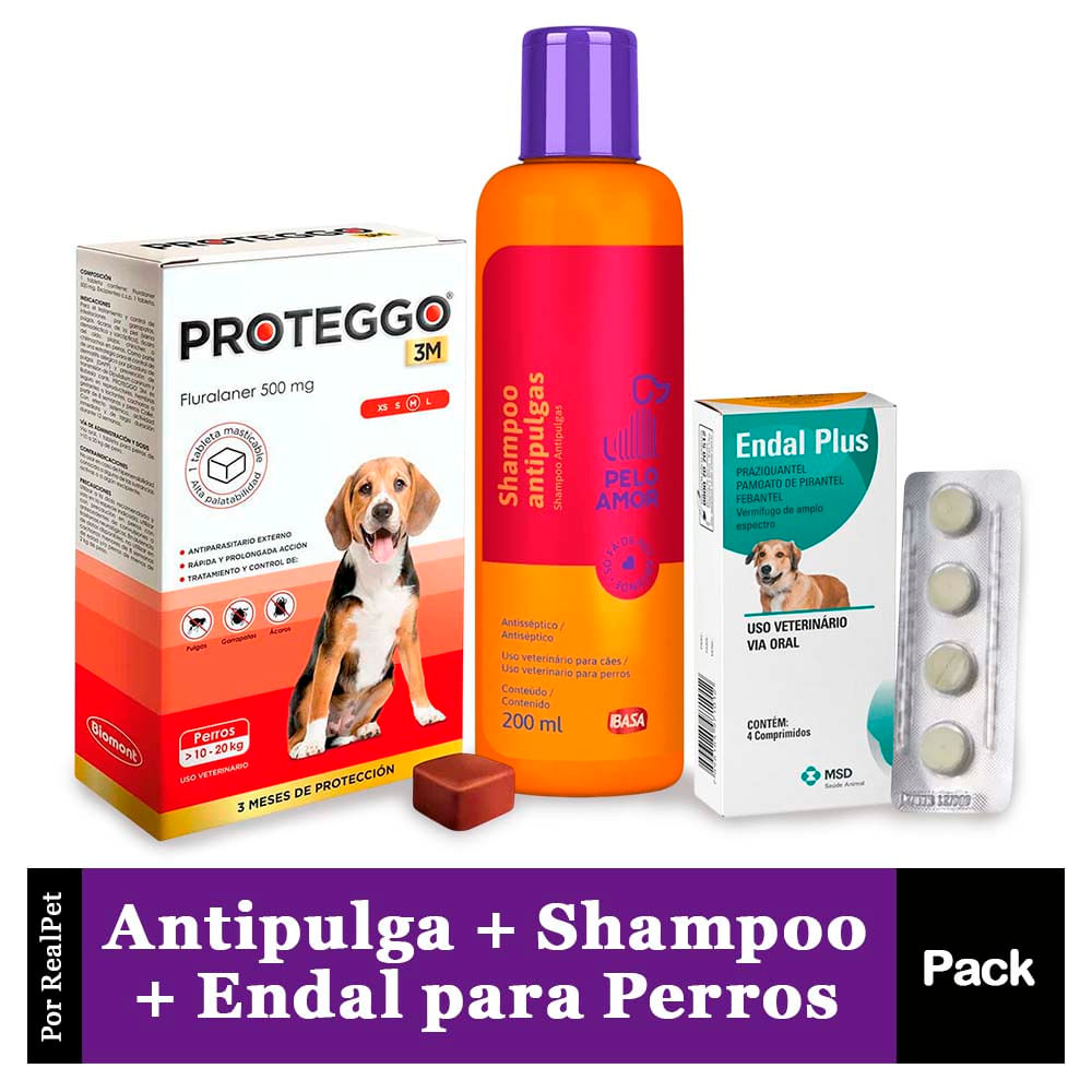 Antipulga Proteggo 3M Perros de 10 - 20 kg + Shampoo Antipulgas Ibasa 200ml + Endal