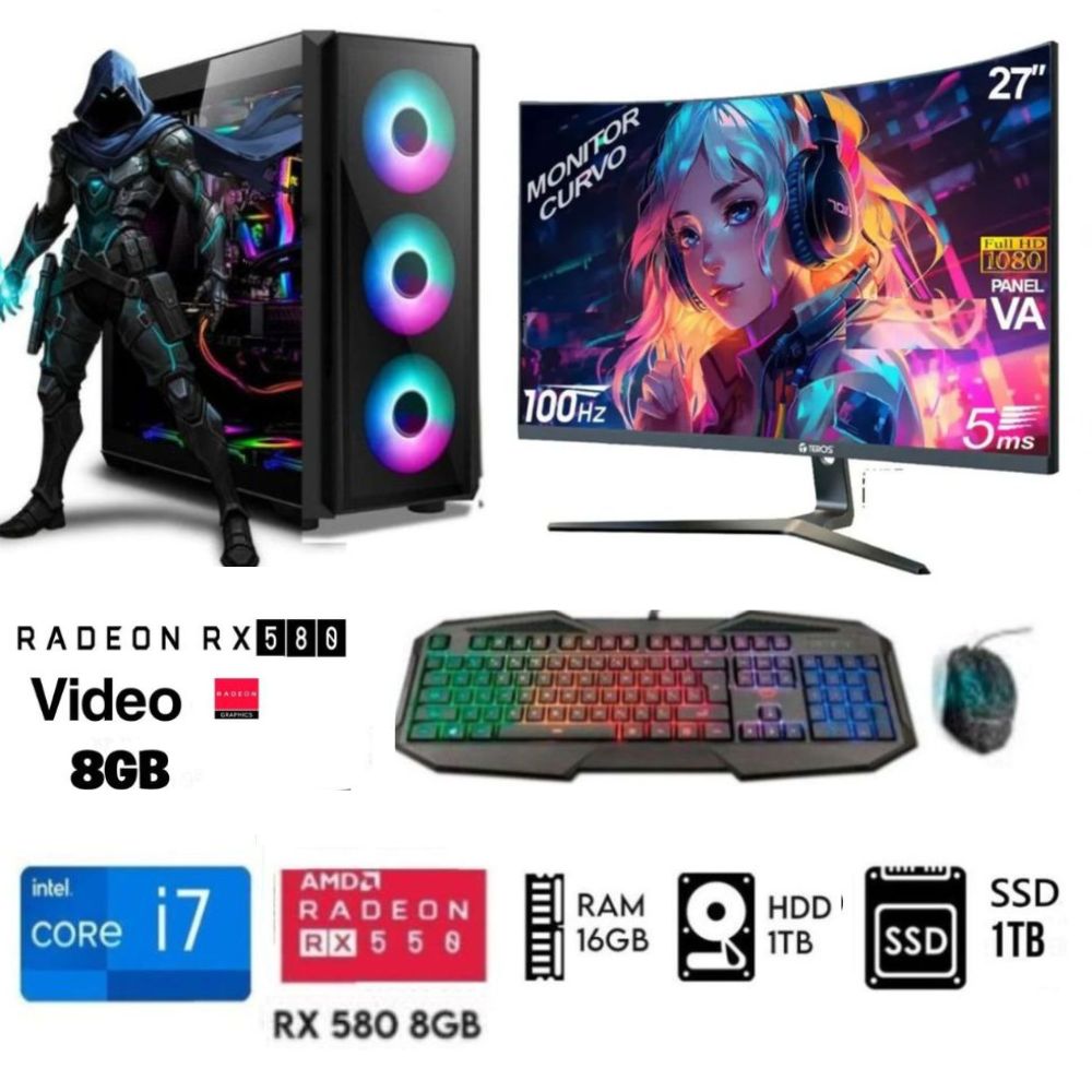 Computadora Pc GAMER  Core I7  Ram 16GB  Disco HDD 1TB   SSD 1TB  RX 580 8GB Monitor 27