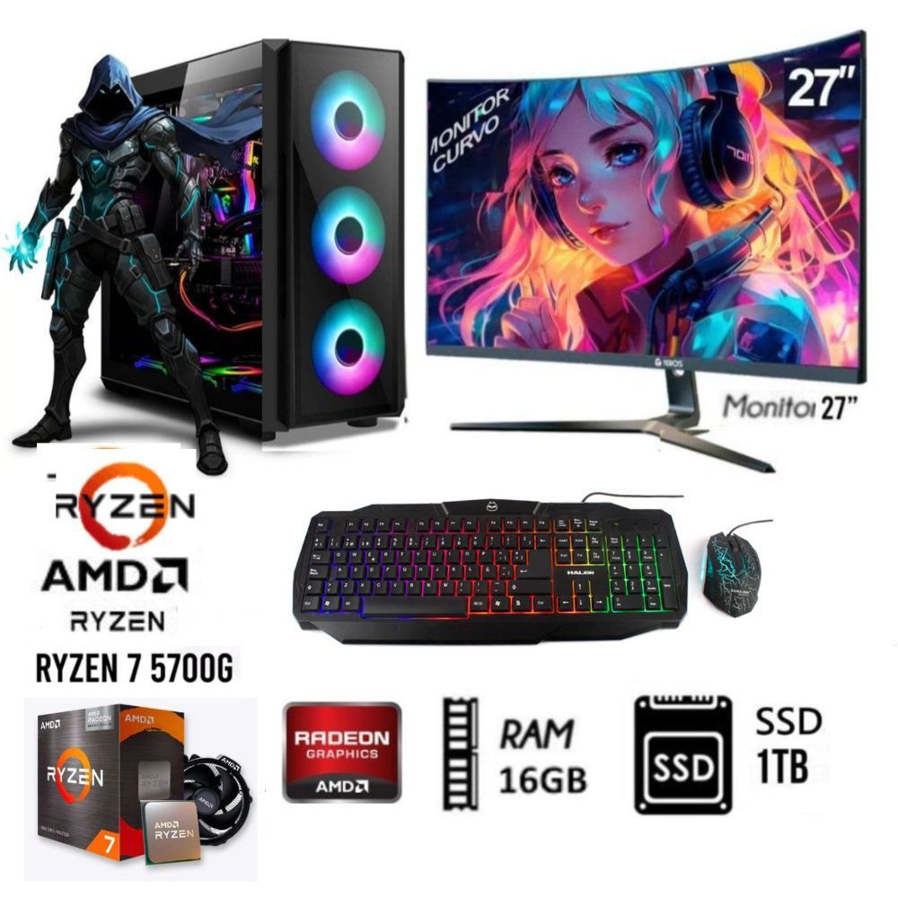 Computadora Pc GAMER RYZEN 7-5700G  Ram 16GB  Disco Solido SSD 1TB  Monitor 27 FHD