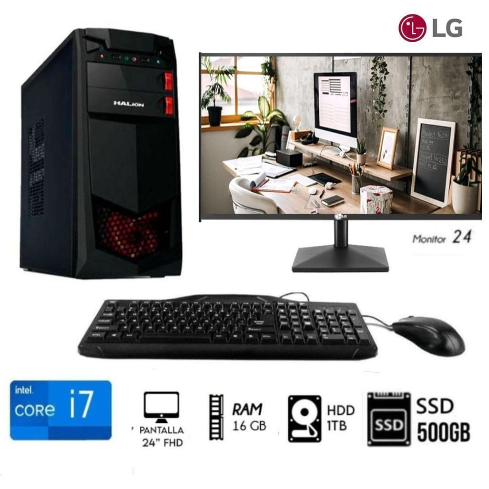 Computadora Pc Intel Core i7  3.2Ghz Ram16GB  Disco HDD 1TB   SSD 500GB  Monitor 24FHD