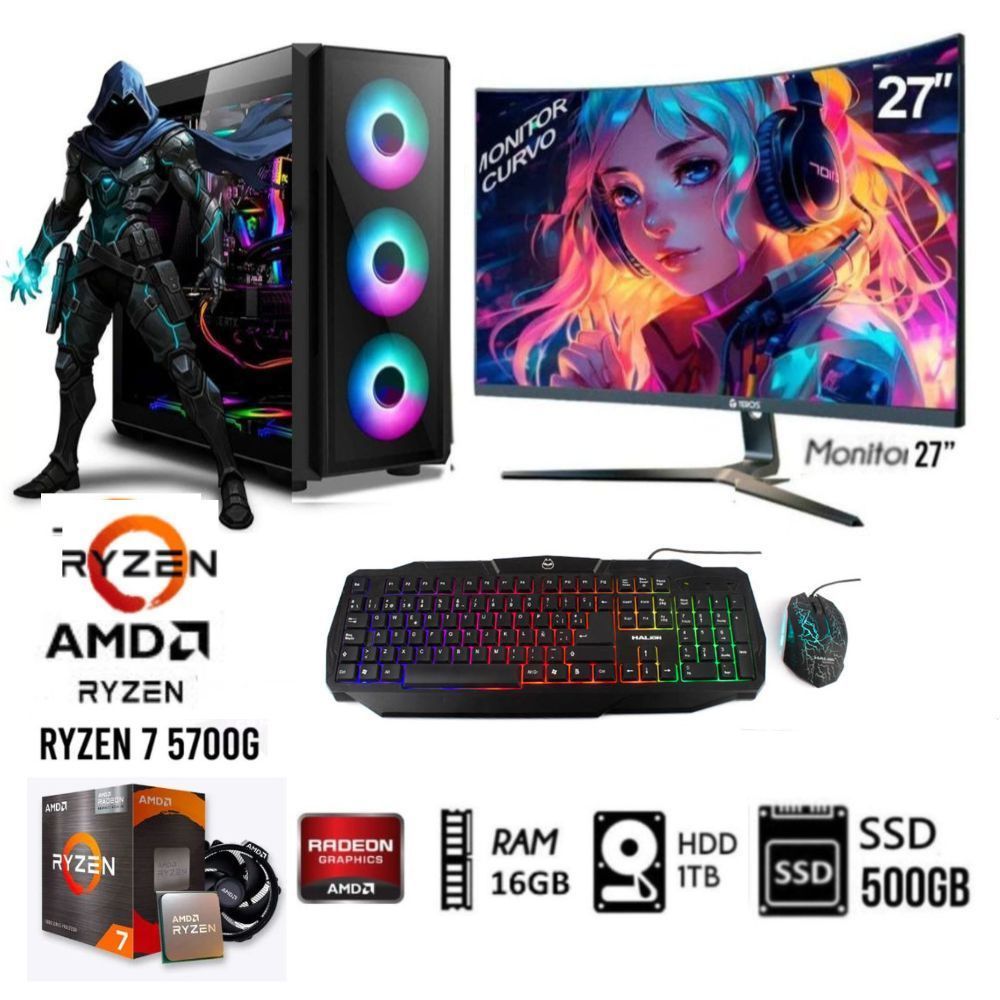 Computadora PC GAMER RYZEN 7-5700G  Ram 16GB  Disco HDD 1TB  SSD 500GB  Monitor 27FHD