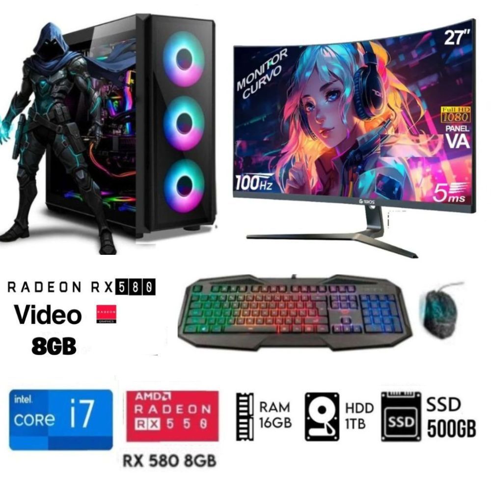 Computadora PC GAMER Core I7-8th  Ram 16GB DISCO HDD 1TB   SSD 500GB  RX 580 8GB  M27