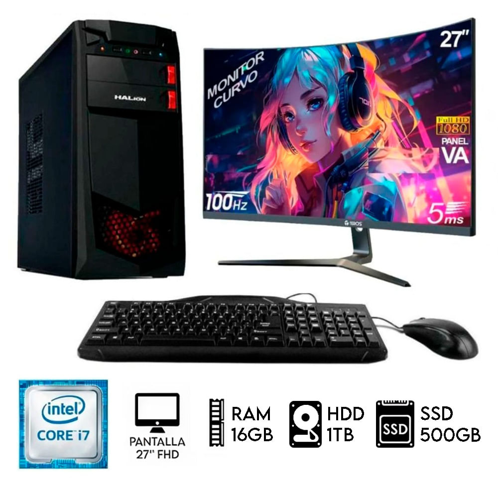 Computadora PC Intel Core i7  Ram 16GB  Disco HDD 1TB   SSD 500GB  Monitor 27 FHD