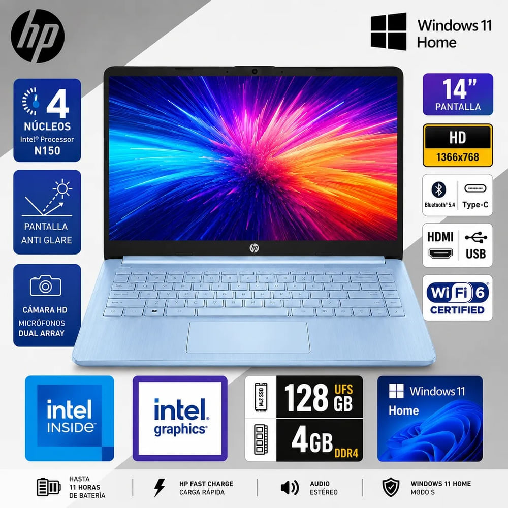 Laptop HP 14-DQ6102 Intel N150 128GB UFS 4GB 14  1366x768 WIN11 SKY BLUE