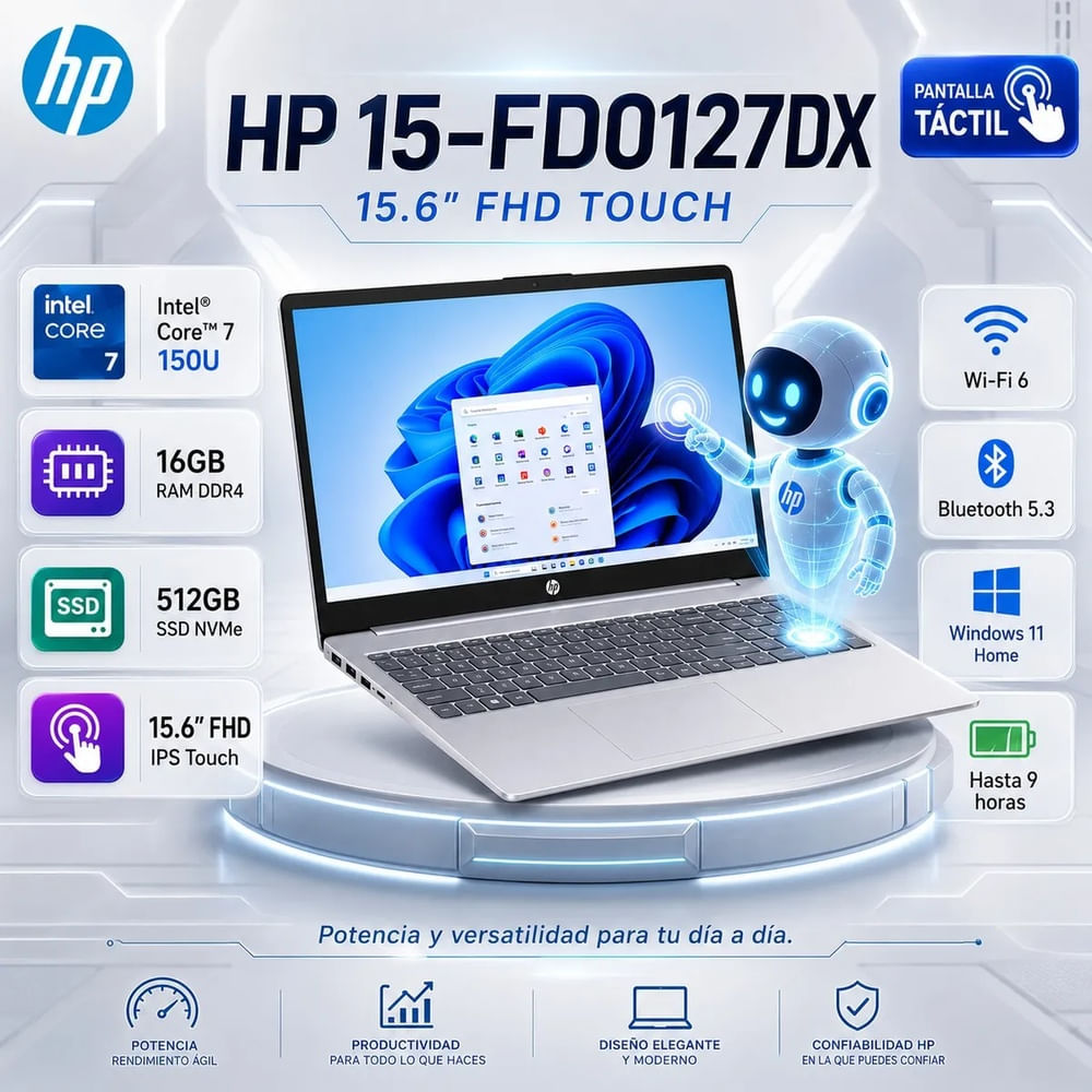 Laptop HP 15.6 FHD Touch Intel Core 7 150U 16GB 512GB SSD 15-FD0127DX
