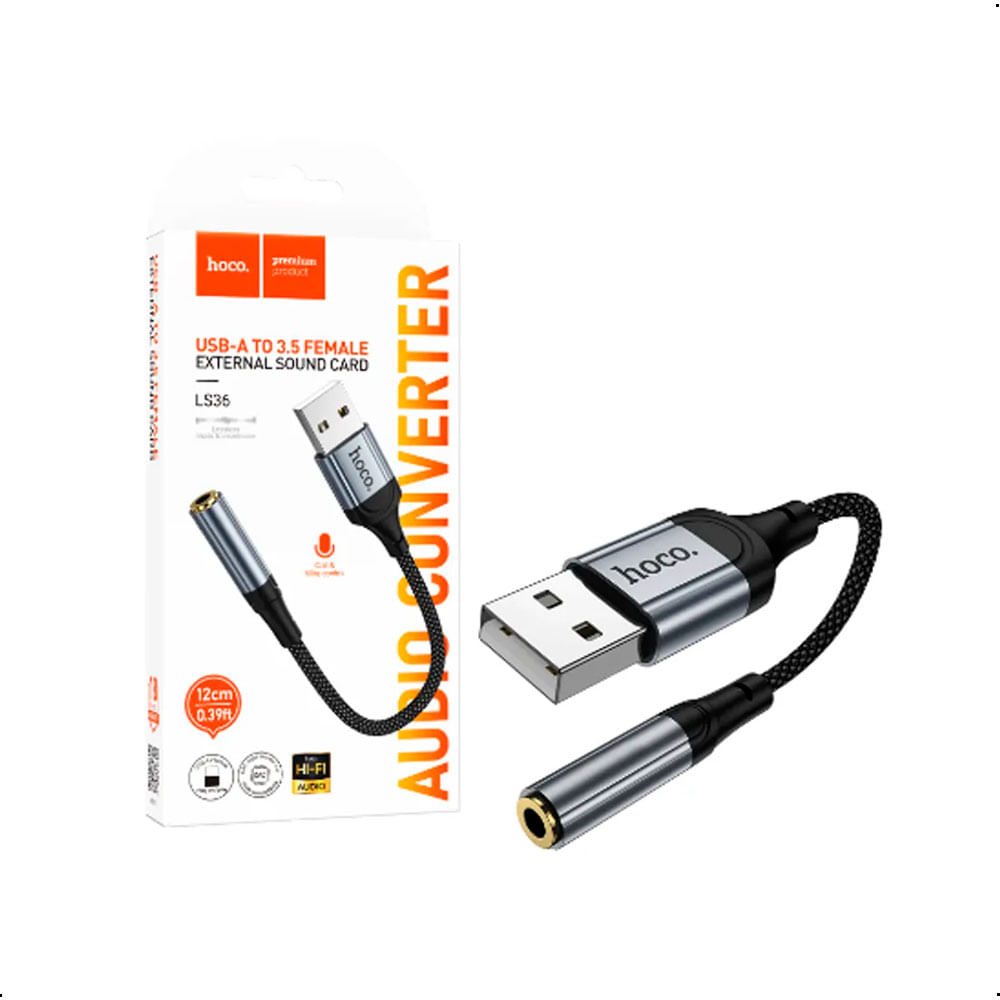 Adaptador Hoco LS36 USB A a Jack 3.5mm Tarjeta de Sonido Externa 12cm Hi-Fi