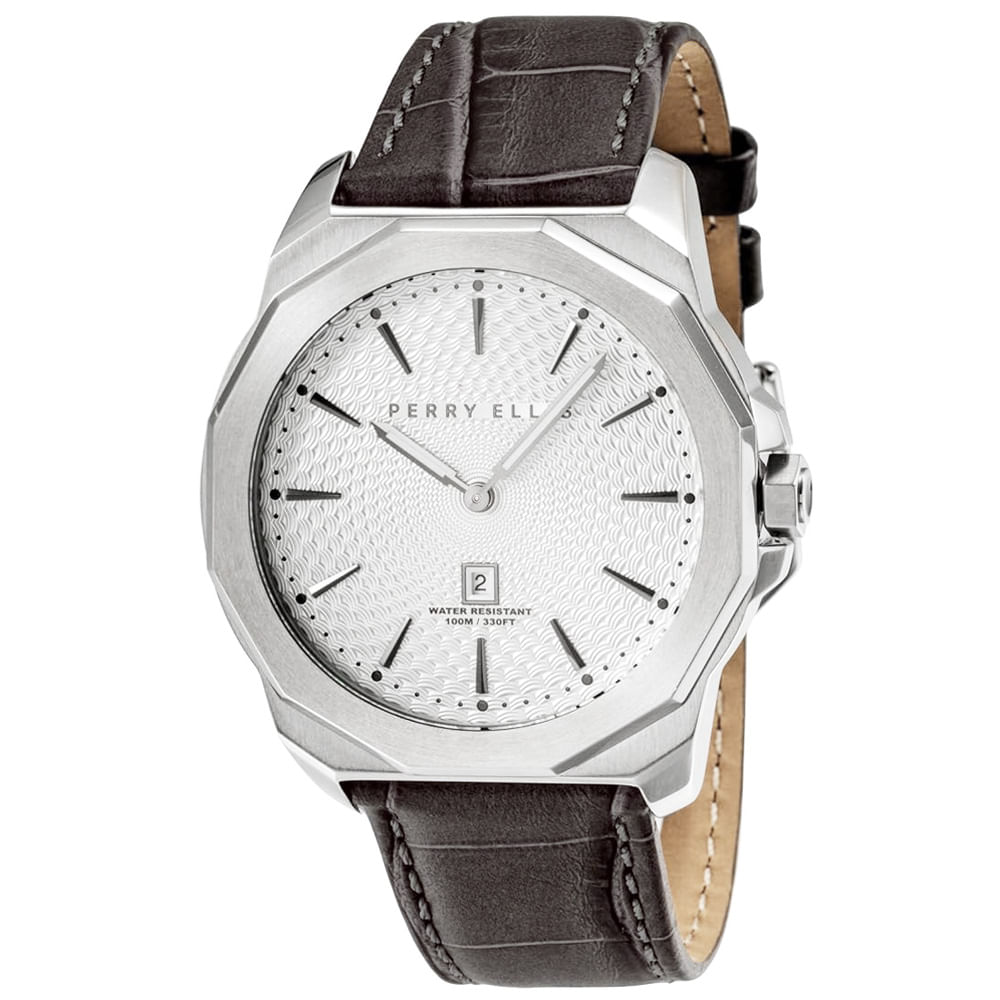 Reloj Perry Ellis Decagon 46 05007-01 Fecha Correa Cuero Marrón Dial Blanco