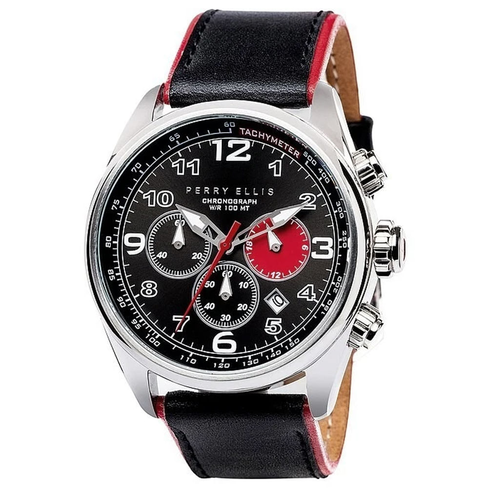 Reloj Perry Ellis GT 01001-01 Fecha Cronómetro Correa Cuero y Dial Negro Rojo