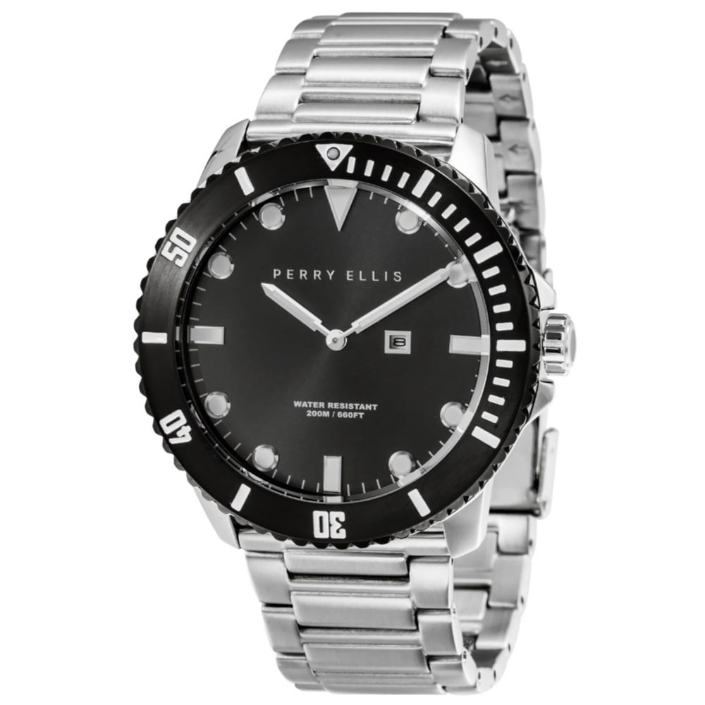 Reloj Perry Ellis Deep Diver 46 02005-02 Fecha Acero Inoxidable Dial Gris Oscuro