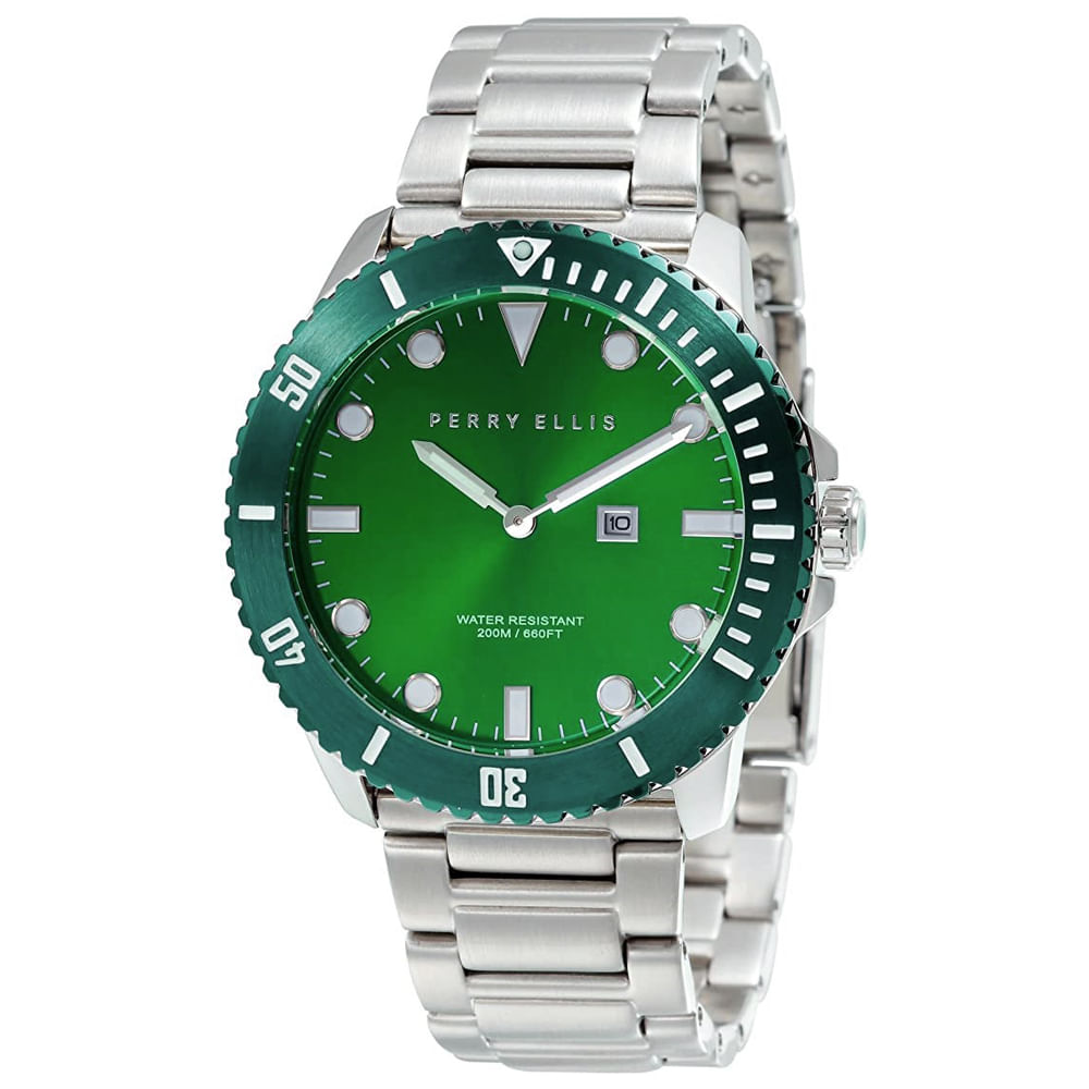 Reloj Perry Ellis Deep Diver 46 02007-02 Fecha Acero Inoxidable Dial Verde