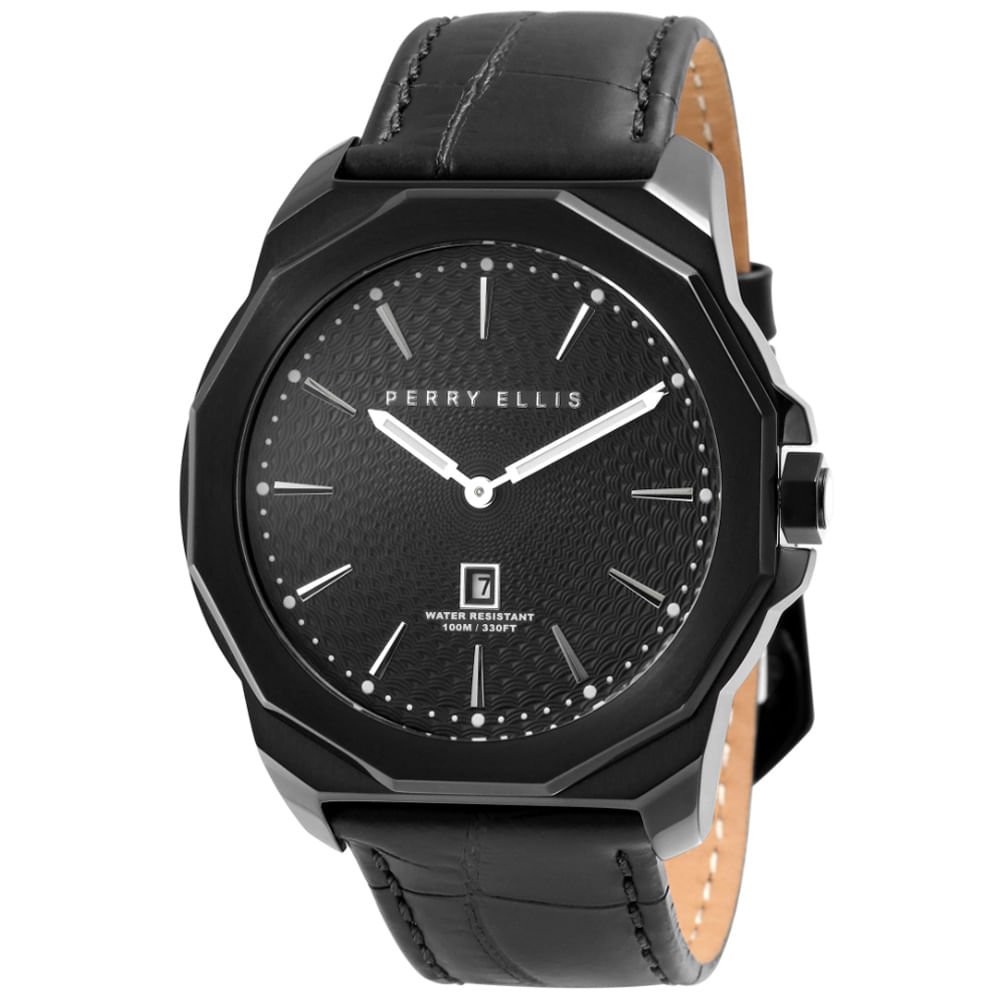 Reloj Perry Ellis Decagon 46 05006-01 Fecha Acero Inoxidable Correa de Cuero Negro