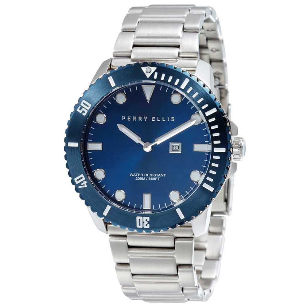 Reloj Perry Ellis Deep Diver 46 02006-02 Fecha Acero Inoxidable Dial Azul