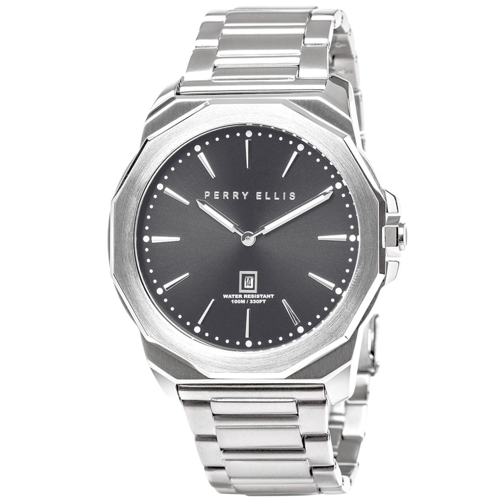 Reloj Perry Ellis Decagon 46 05001-02 Fecha Acero Inoxidable Dial Gris Oscuro