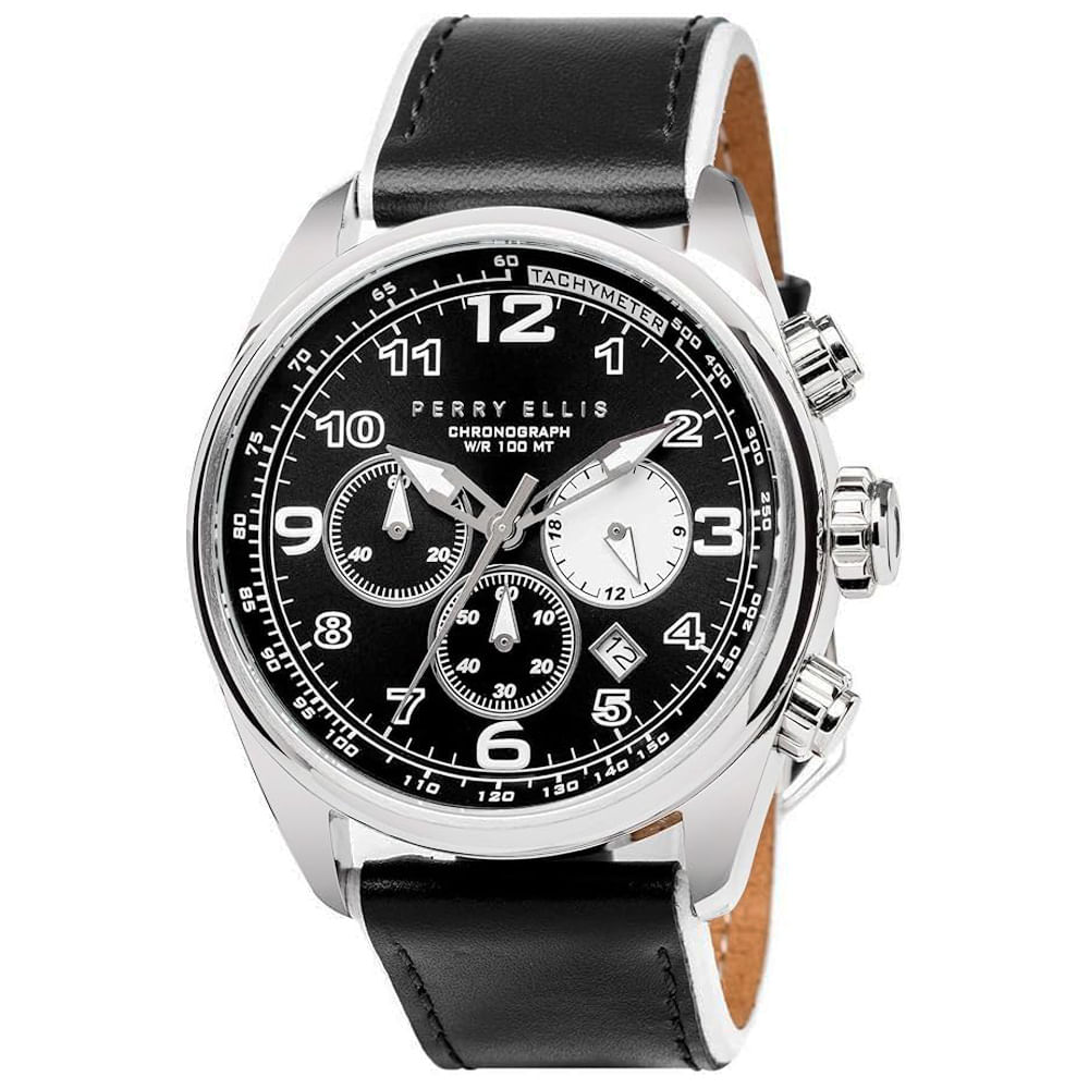 Reloj Perry Ellis GT 01002-01 Fecha Cronómetro Correa Cuero y Dial Negro