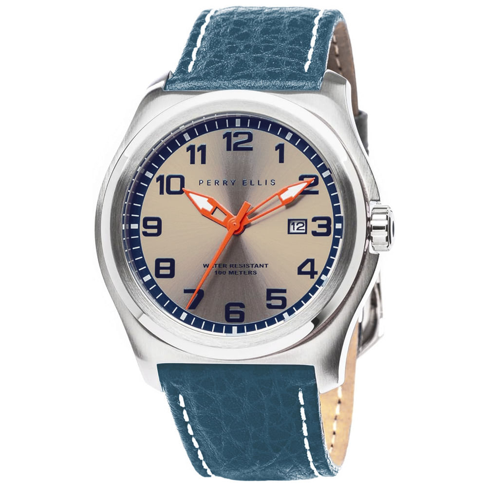 Reloj Perry Ellis Memphis 04004-01 Fecha Correa Cuero Azul Dial Beige