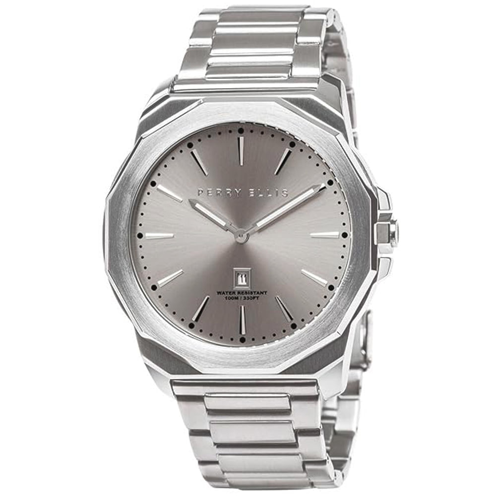 Reloj Perry Ellis Decagon 46 05003-02 Fecha Acero Inoxidable Dial Gris