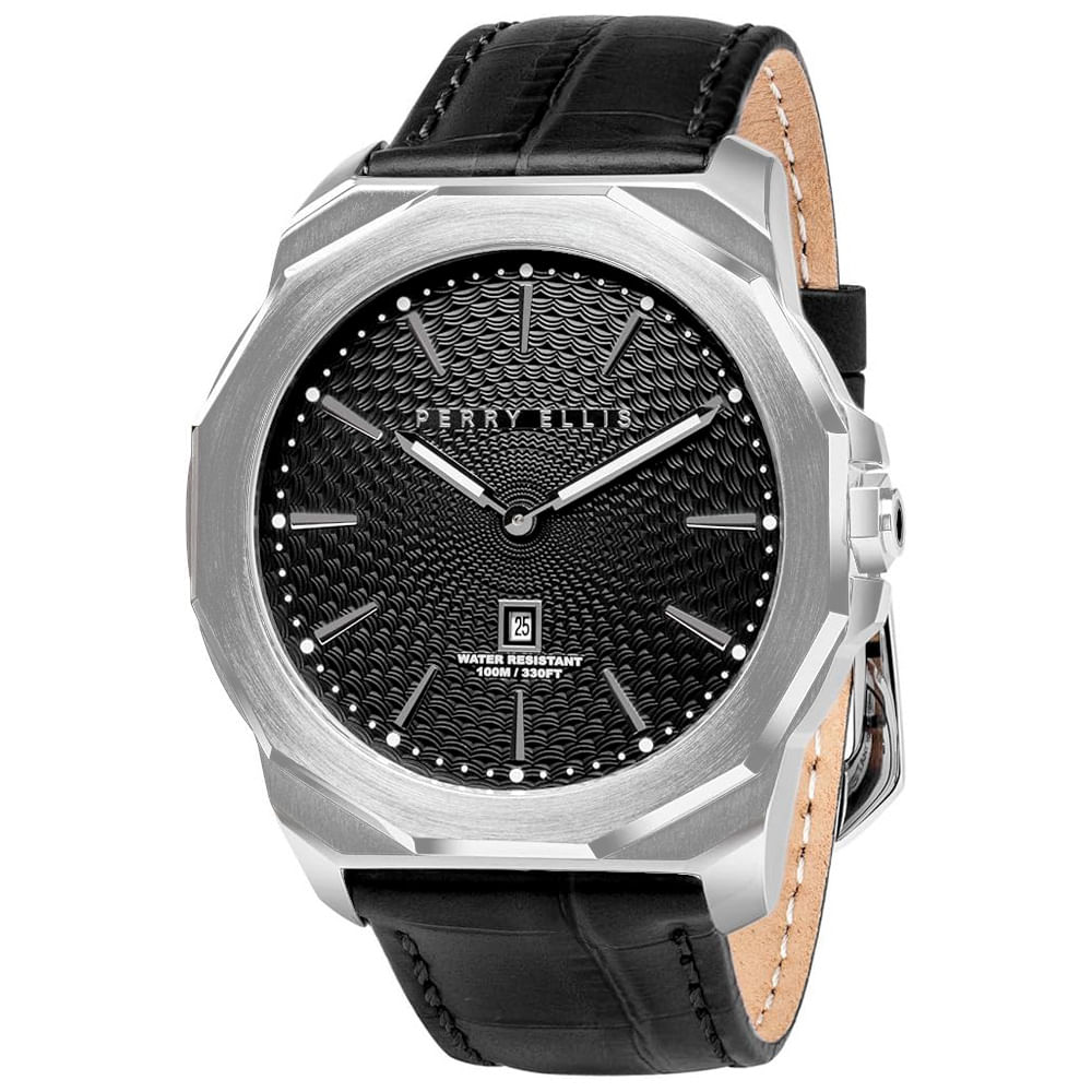 Reloj Perry Ellis Decagon 46 05002-01 Fecha Correa de Cuero y Dial Negro