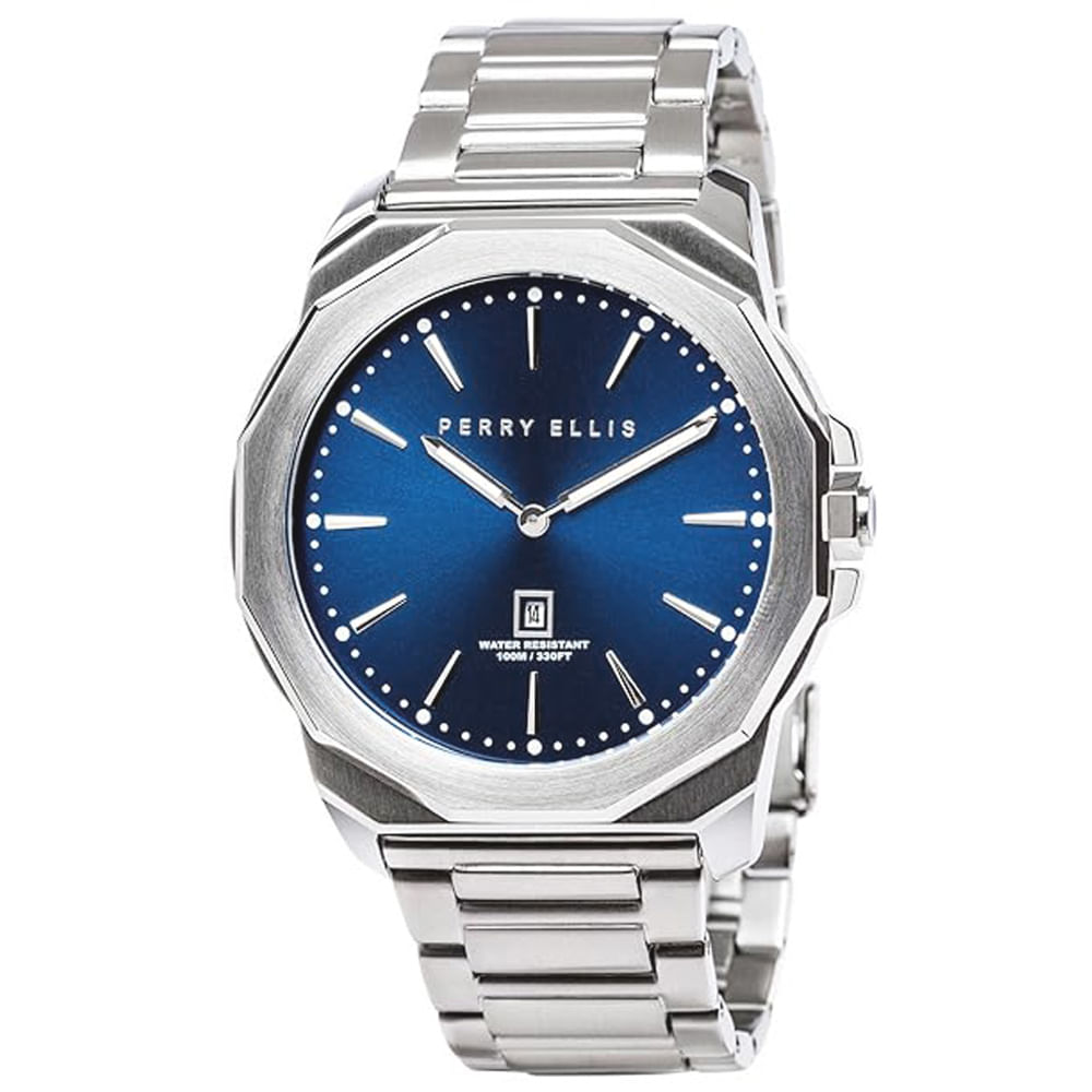 Reloj Perry Ellis Decagon 46 05002-02 Fecha Acero Inoxidable Dial Azul