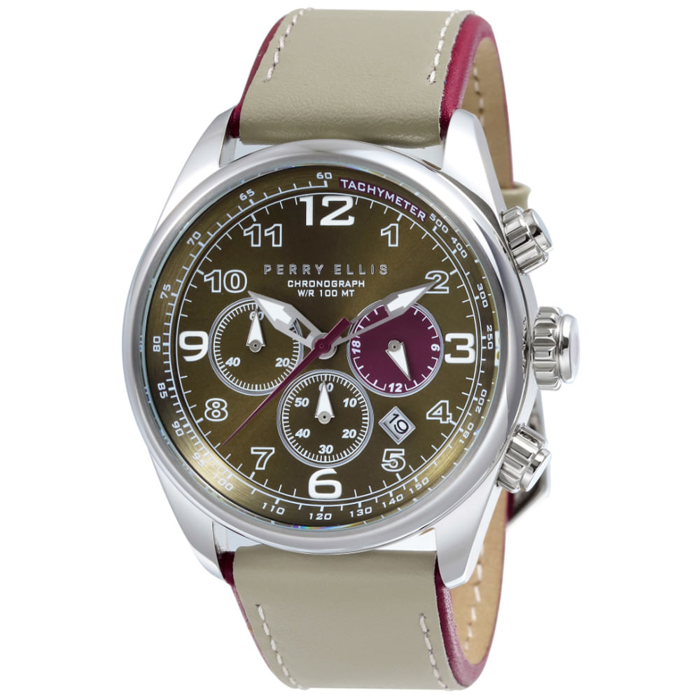 Reloj Perry Ellis GT 01004-01 Fecha Cronómetro Correa Cuero Beige y Dial Verde