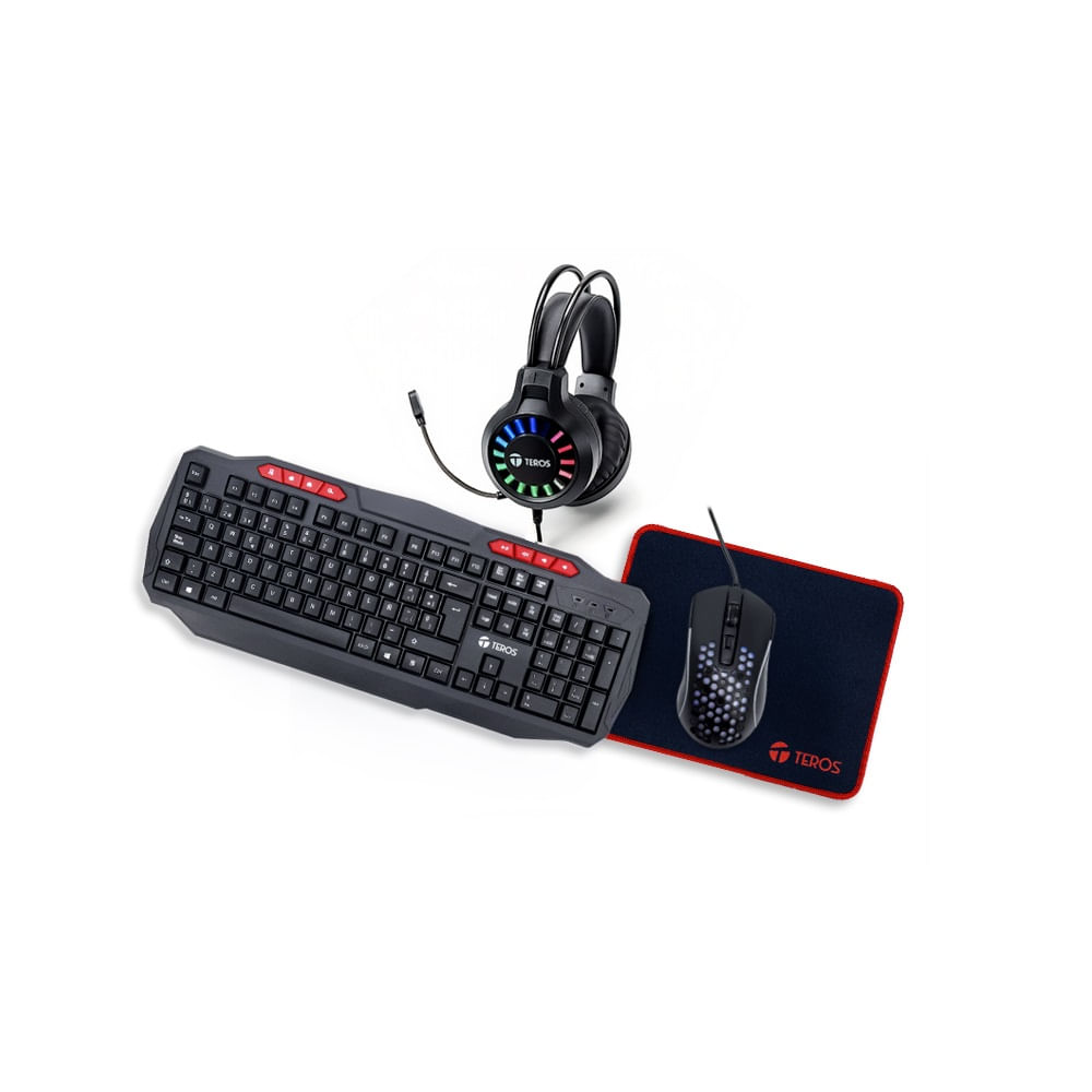 Kit 4 en 1 TEROS TE-5014S Teclado Mouse Auriculares Mousepad Negro