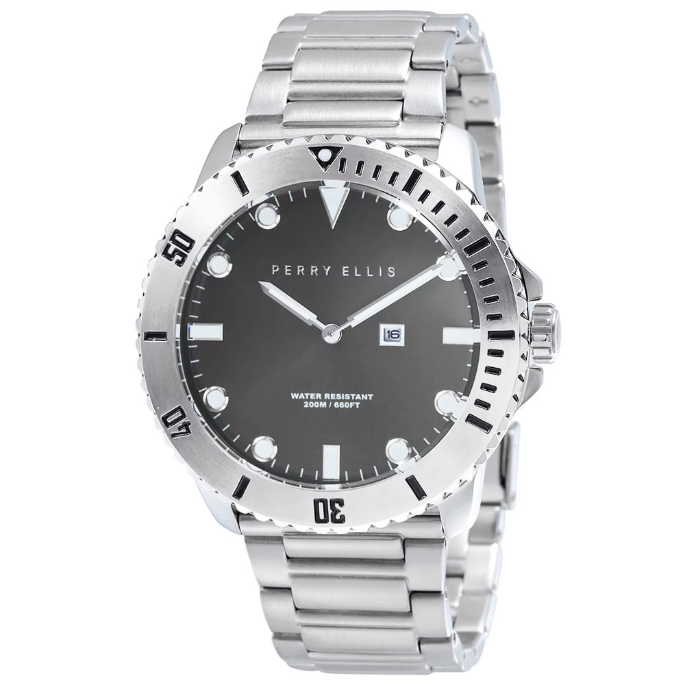 Reloj Perry Ellis Deep Diver 46 02001-02 Fecha Acero Inoxidable Dial Gris Oscuro