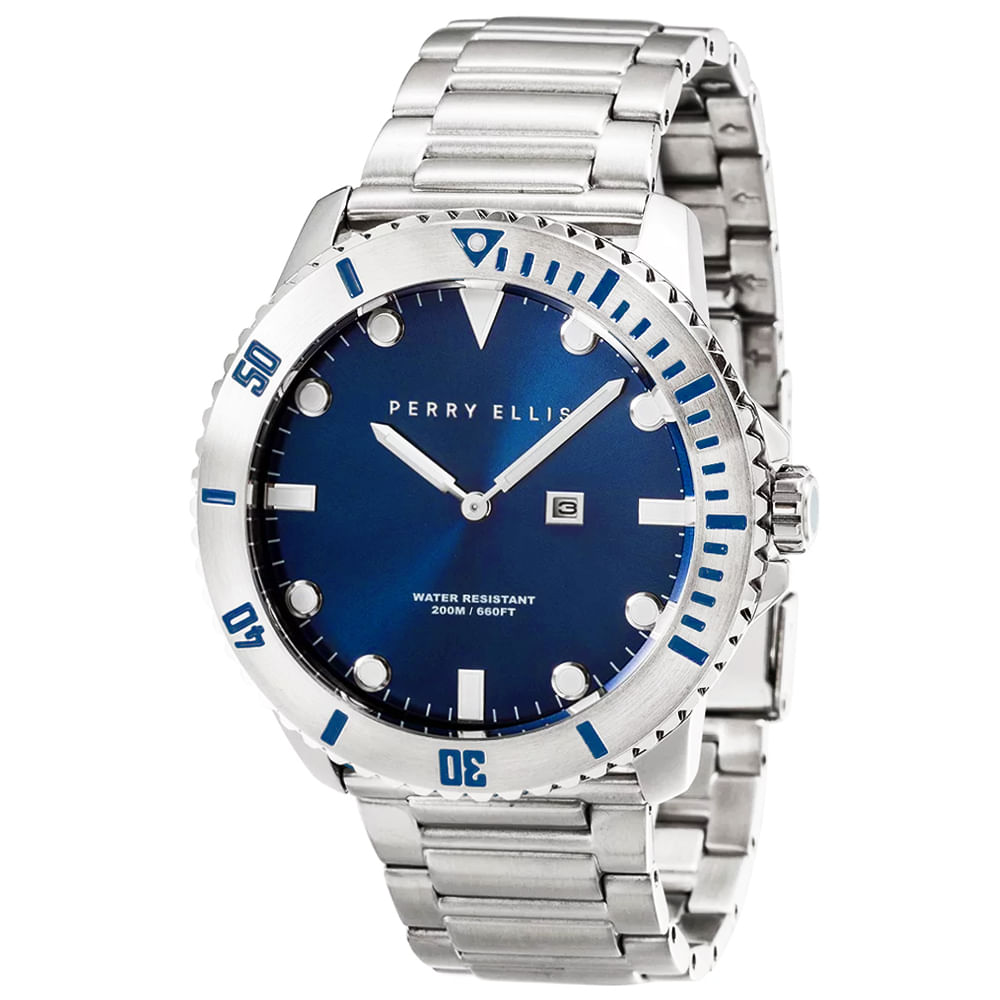 Reloj Perry Ellis Deep Diver 46 02002-02 Fecha Acero Inoxidable Dial Azul