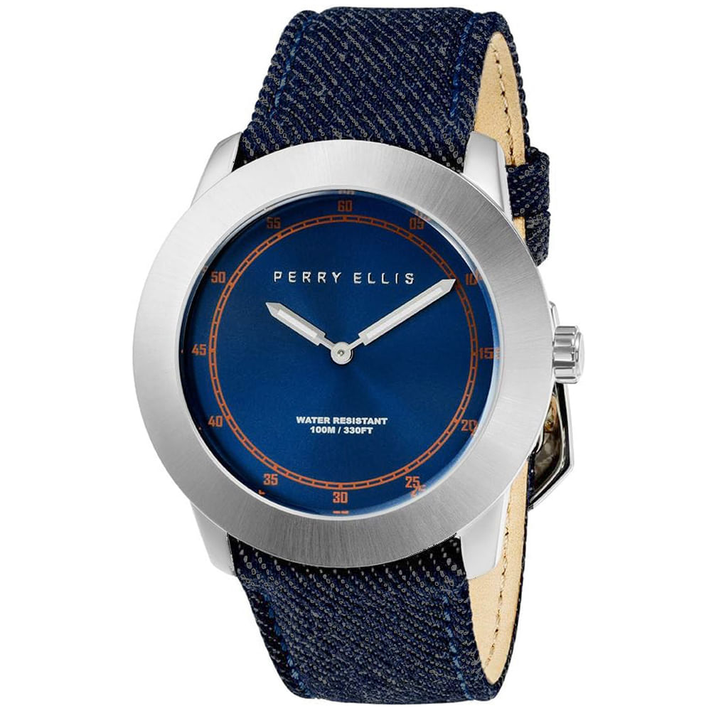 Reloj Perry Ellis New Slim Line 11001-05 Correa de Cuero y Denim Dial Azul