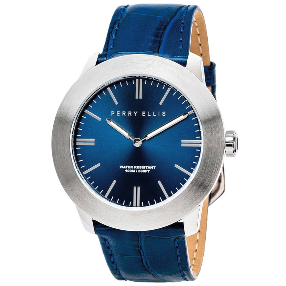 Reloj Perry Ellis Slim Line 46 03001-01 Correa de Cuero y Dial Azul